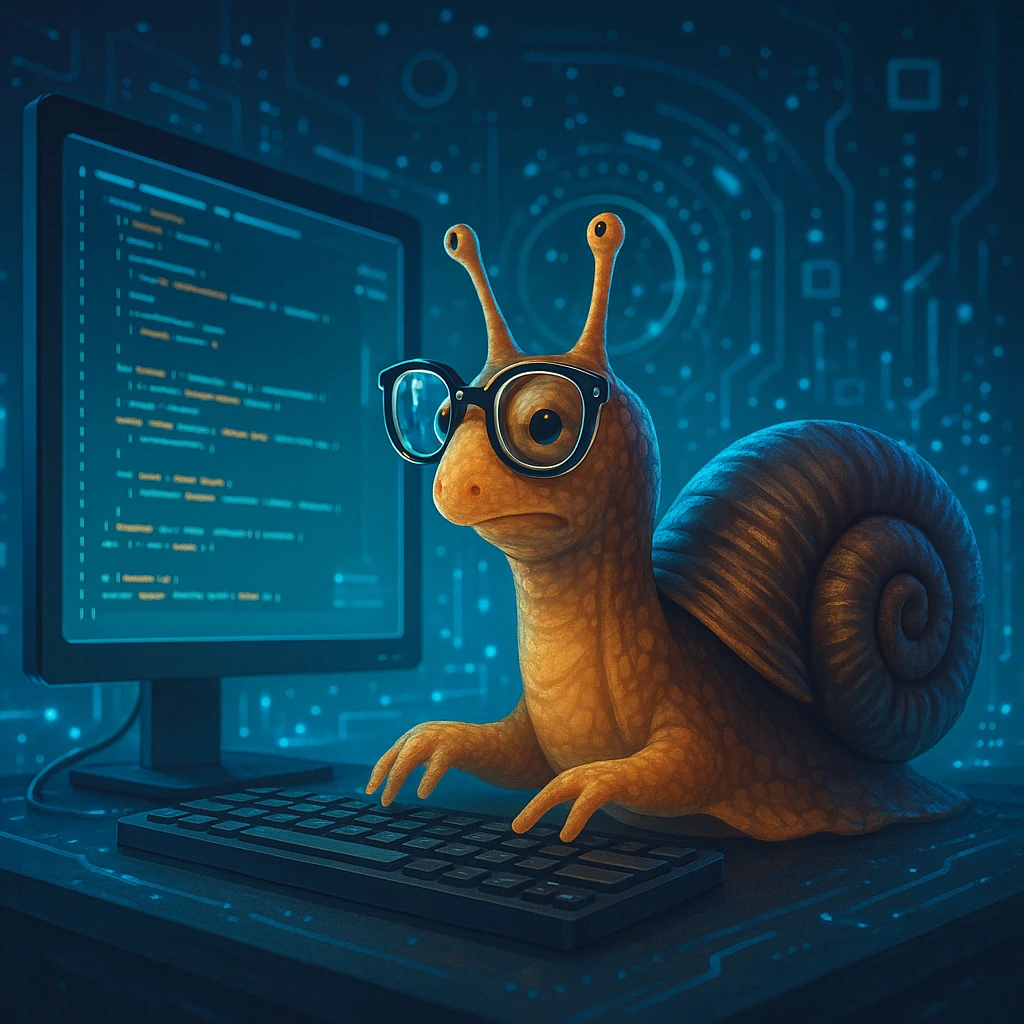 a snail with glasses typing code on a computer, techy vibe, digital art emoji