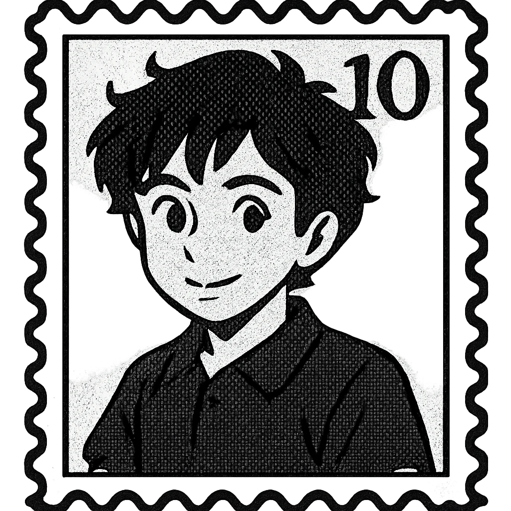 Convert this stamp illustration to fully black and white colors, preserving the stamp border, portrait, and number details exactly as in the original style but removing all color and shading. Use only black and white with no grayscale shading, maintaining the transparent background. emoji