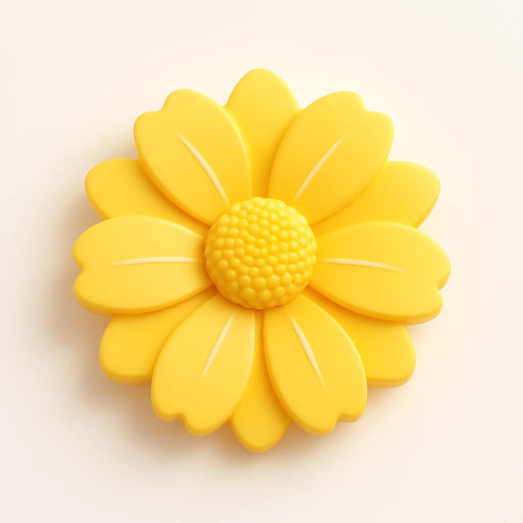 3D iOS style illustration of a yellow flower, top view, realistic and glossy, with a soft shadow, on a transparent background. emoji