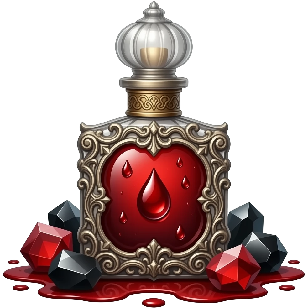 Blood perfume with Blood drops, Bloodstones, onyx stones, sanguine aesthetic, gorecore emoji