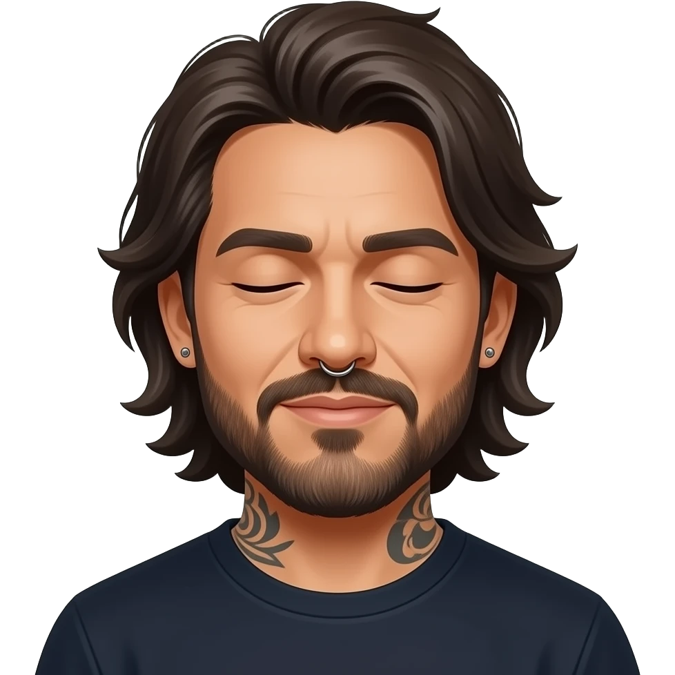 The handsome Latino podcast host with medium length hair, a long lightly graying beard and tattoos, his ear pierced and right nostril as well, covering his eyes emoji