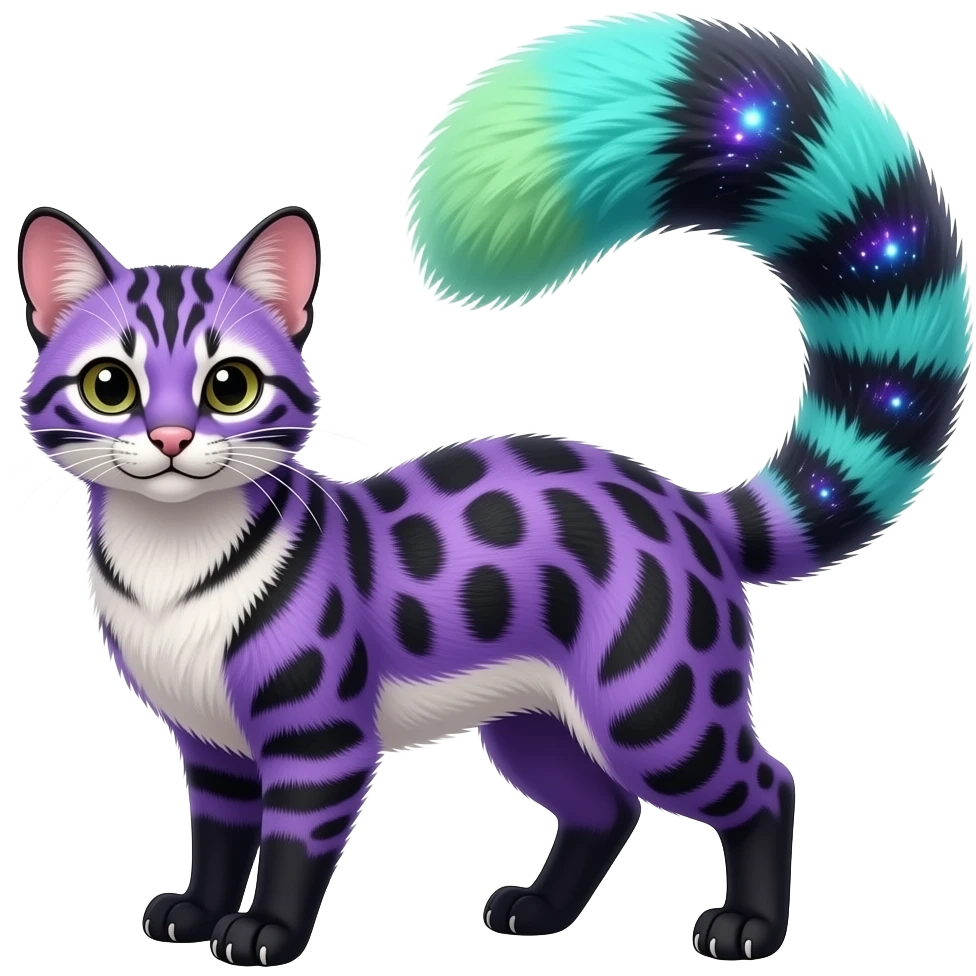 Nebulae shiny realistic silky tropical thin exotic beautiful purple fur with cyan-lime-green-gradients-colored, black markings, with white underside, iridescent civet-genet-Cacomistle-oncilla-animal-hybrid with intricate pattern markings, thin long tufted tail (full body) emoji