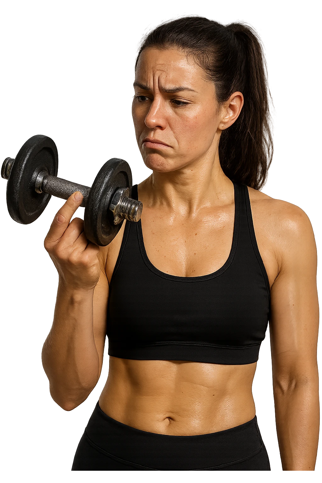 DONNA FITNESS CHE GUARDA DUBBIOSA UN MANUBRIO DA PALESTRA CHE HA IN MANO, iperrealistico 4k emoji