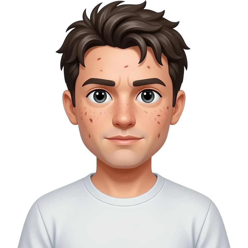 a real human. no idealized bodies, just a human, with acne, messy hair, wearing  a plain t shirt. emoji