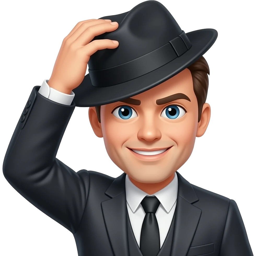 Just the face looking mischievous,using one hand to tip fedora on head emoji