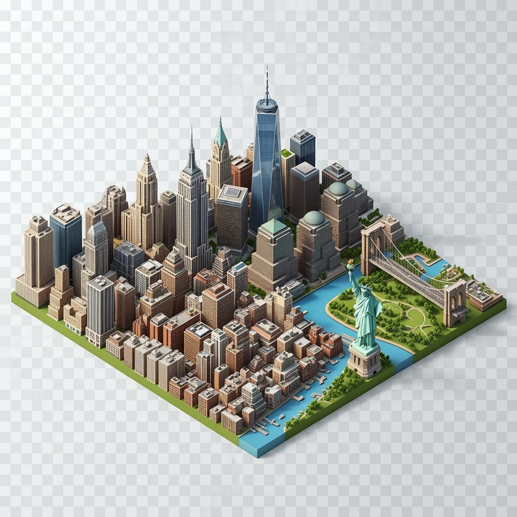 Isometric miniature of New York Сity Empire State Building, One World Trade Center, Statue of Liberty, Brooklyn Bridge, and Central Park chaotic low-rise blocks in outer boroughs 3D miniature effect and Tilt Shift effect, no cartoonish look, transparent background. emoji
