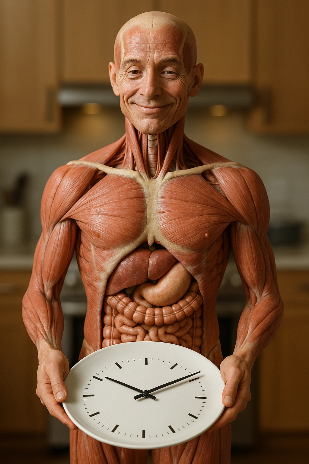 corpo umano anatomico, che tiene in mano un piatto bianco con la lancette di un orologio sopra, figura visibile fino ai fianchi, espressione del volto soddisfatta, sullo sfondo la sua cucina sfocata, iperrealistico 4k emoji