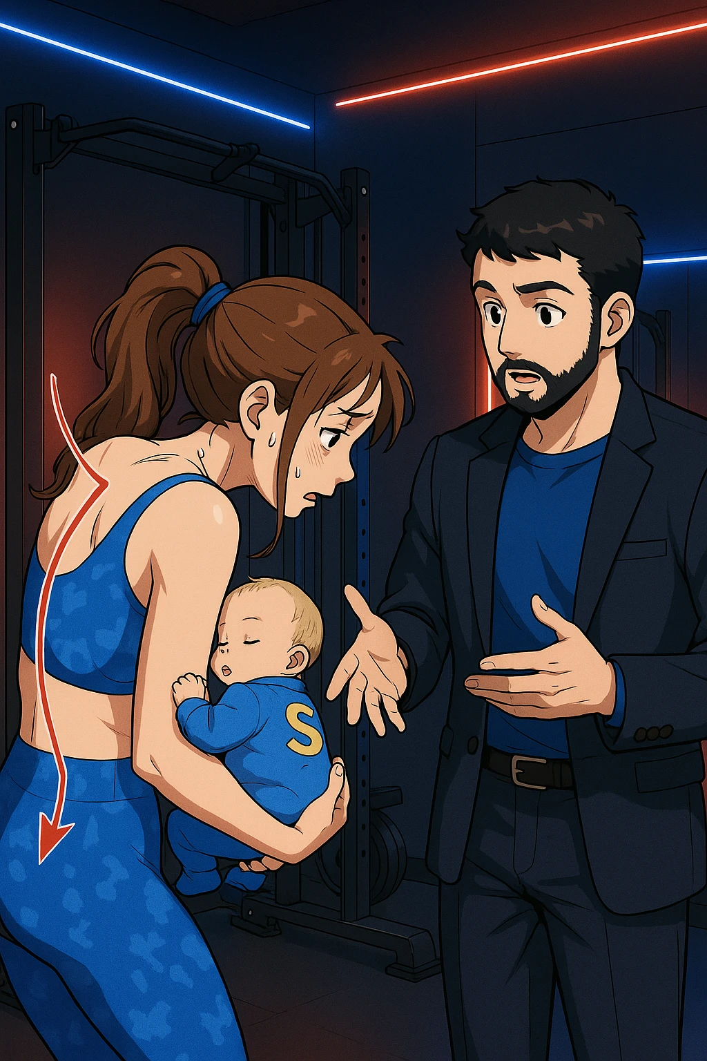 ispirati a questo stile di disegno e fai questa immagine in versione manga/webtoon a colori, il manga mostra la donna preoccupata di profilo con la postura sbagliata e incurvata, spalle chiuse e curve in avanti, con un neonato in braccio con una tutina azzurra e la scritta "S" sulla schiena, spina dorsale storta della donna in evidenza mentre ascolta l'uomo mentre l'uomo gli sta spiegando una cosa, ma non fare i fumetti, fai come se stessero parlando emoji
