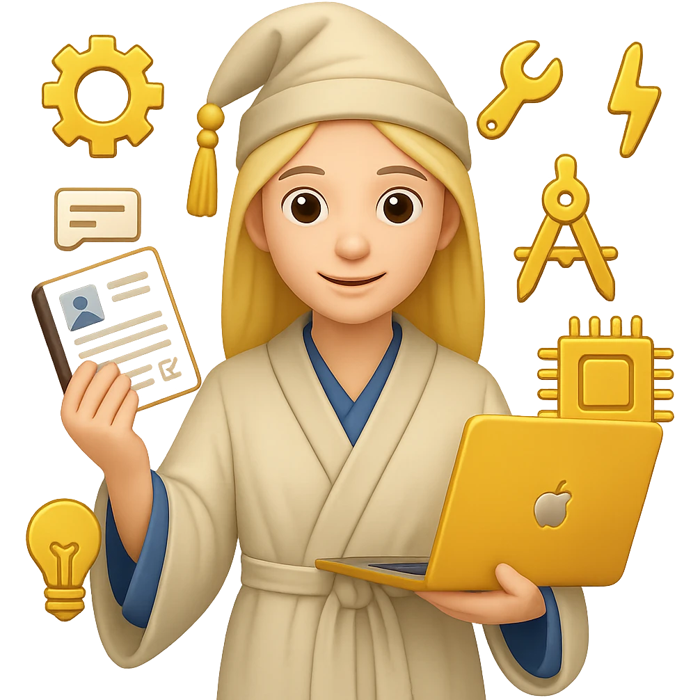 Create an emoji style image of a wizard in a white cloak, holding a resume and a laptop, surrounded by engineering icons. The engineering icons should be gold in color. The style should reflect the look of apple style emojis with concise details and vibrant colors. emoji