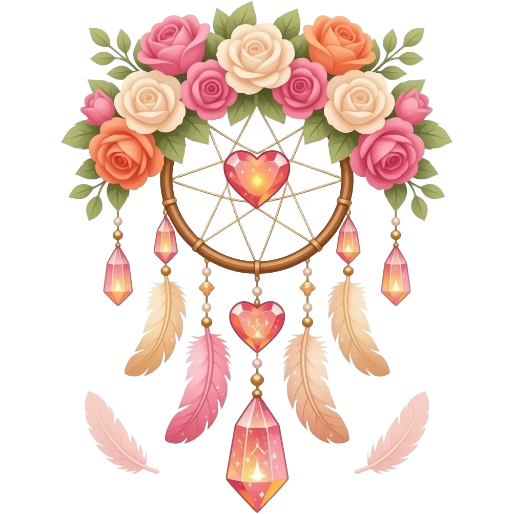 Reddish-pinkish and golden warm-colored romantic lush beautiful pretty hanging crystal-catcher aesthetic with hearts and sparkles and feathers emoji