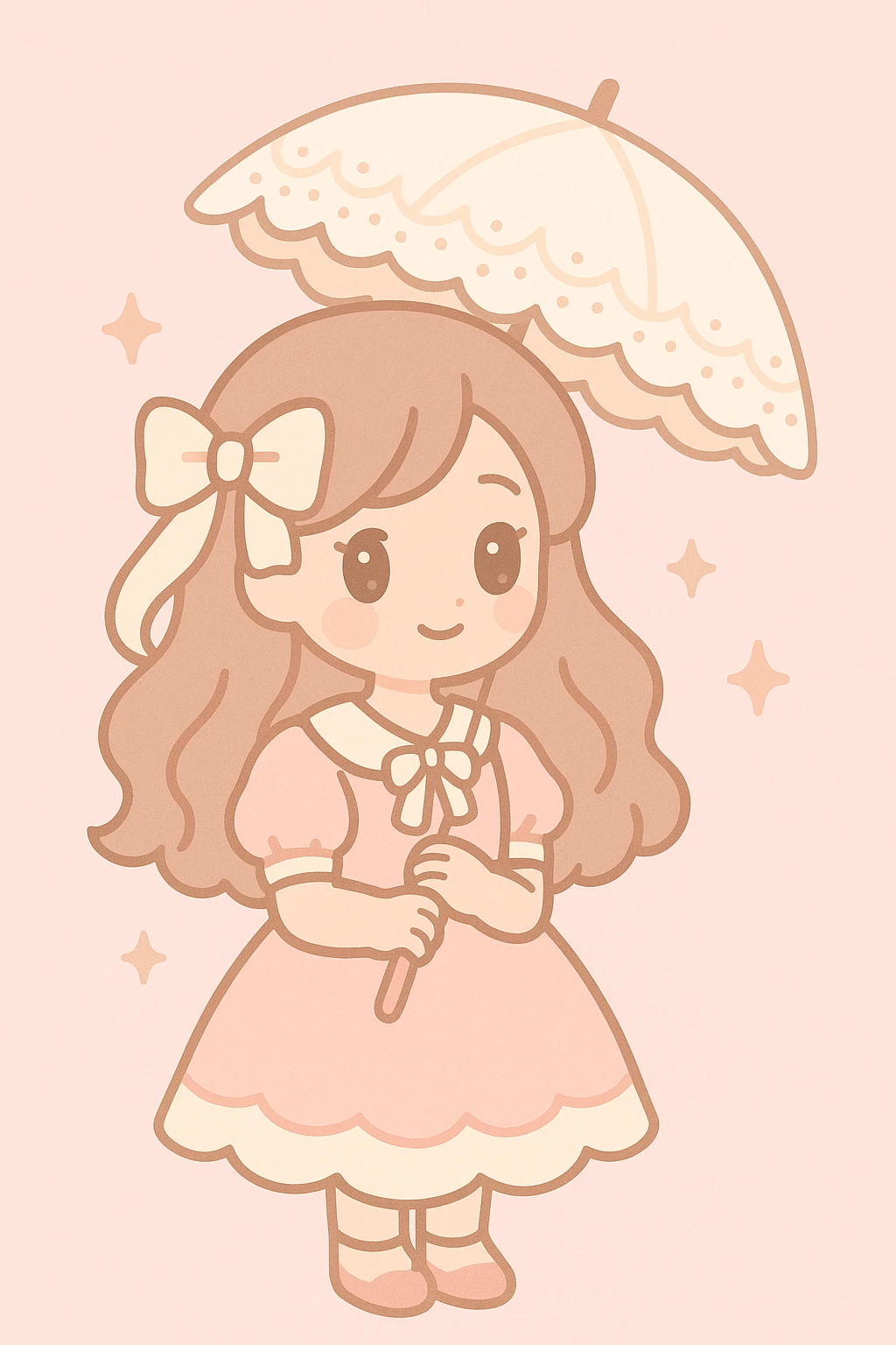 a girl in coquette style holding a lace parasol, long wavy hair with a bow, vintage-inspired outfit, soft pink and cream palette, gentle smile emoji
