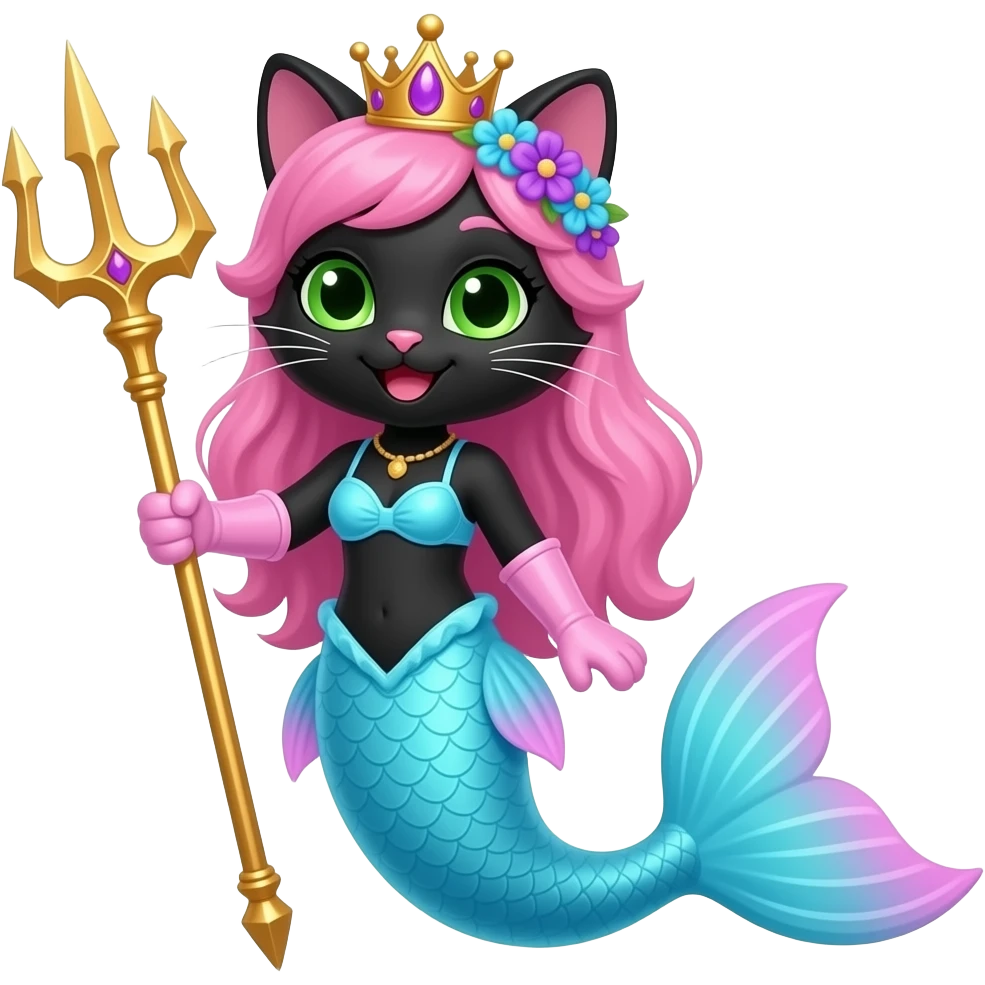 black cat smiling  pink long hair golden crown purple and blue flowers green eyes light pink gloves very long cyan mermaid tail with pink fins swimsuit cyan holding a golden trident emoji