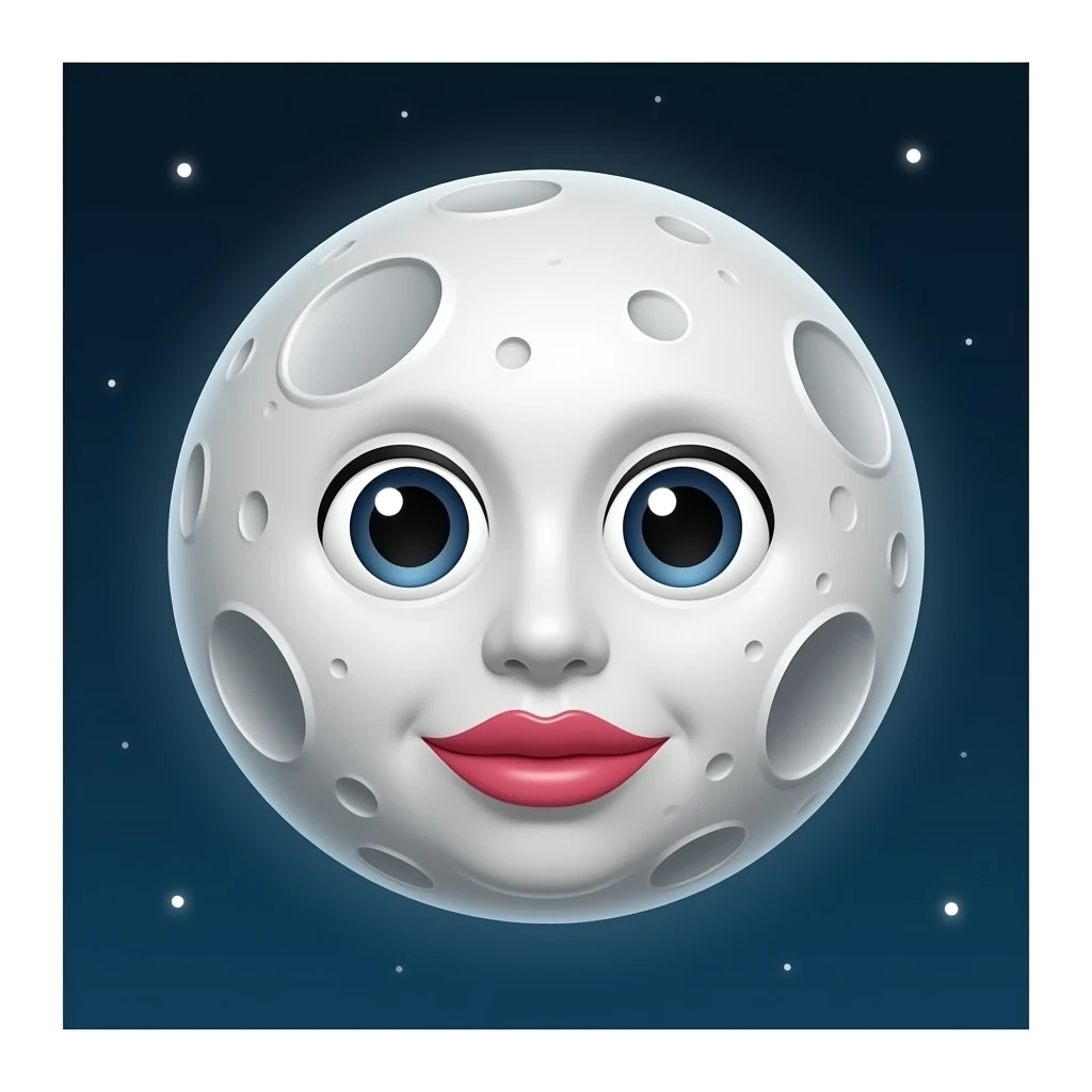planet Moon with a cartoon kind face with smaller feminine eyes and round craters for the moon. gray moon colored lips emoji