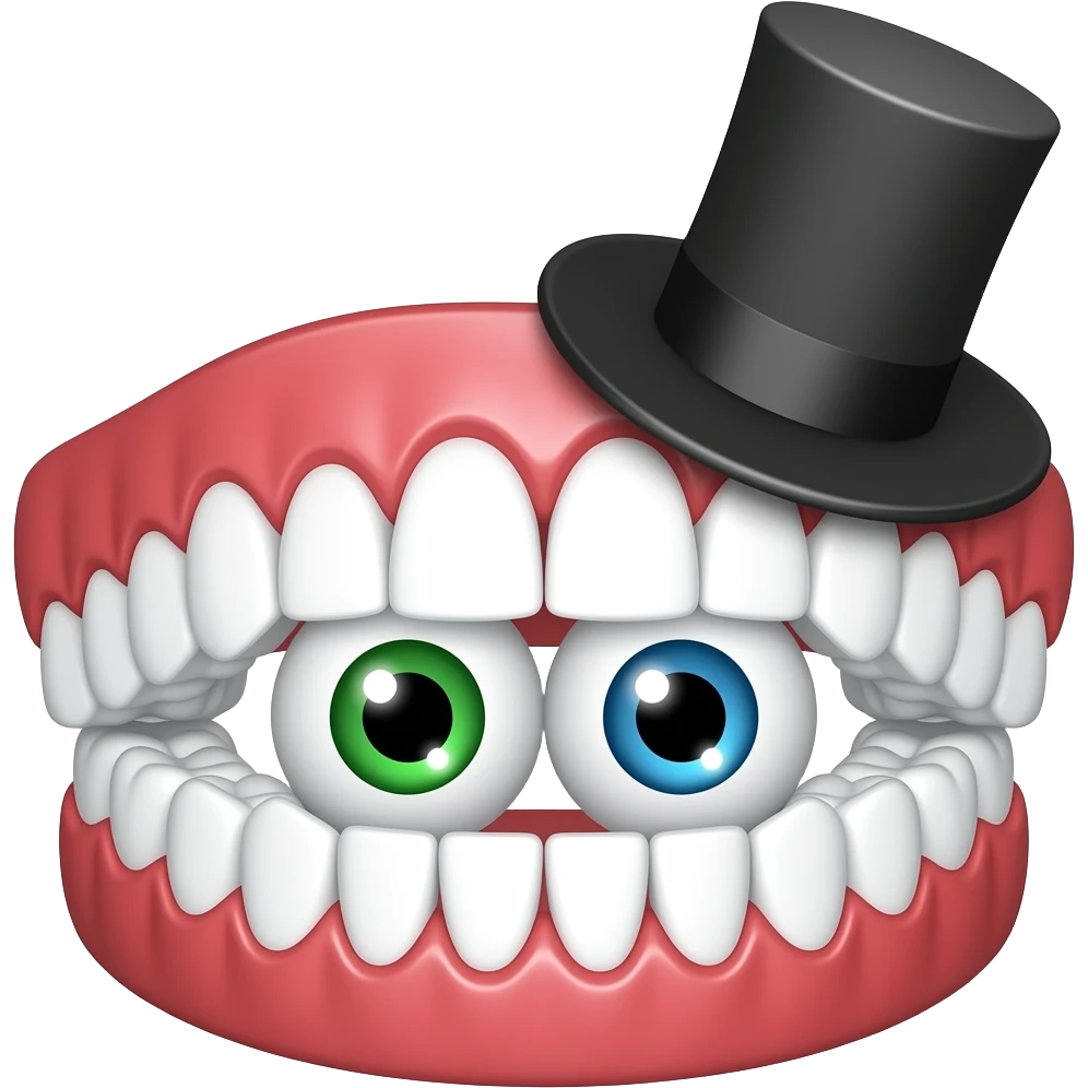Set of dentures with red gums, eyes placed within the jaw, one green eye, one blue eye, wearing a small black top hat emoji