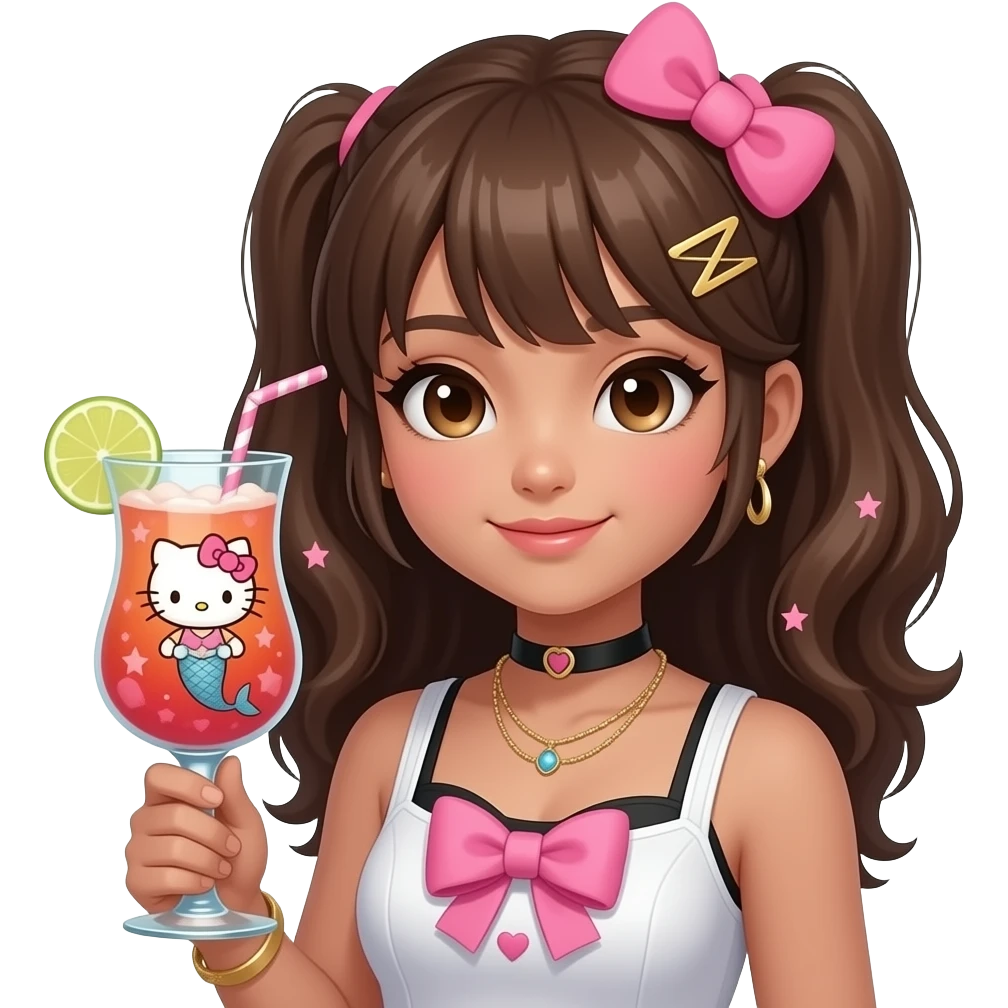 Tanned human girl Pokémon hello kitty the Sanrio character themed brown and pink colored cocktail in gyaru merely mermaid emoji