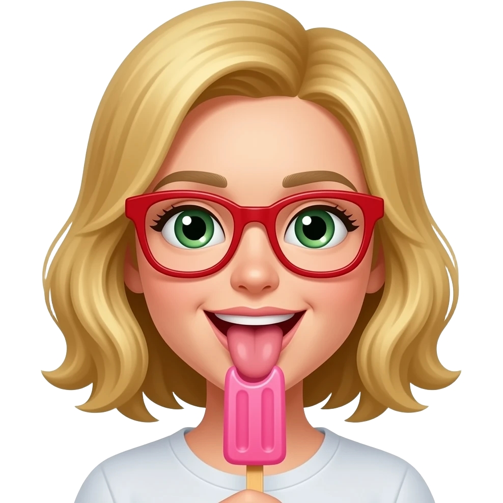 Gryzienie loda na patyku w kolorze różowym językiem włosy blond zielone oczy i okulary w kolorze czerwonym emoji