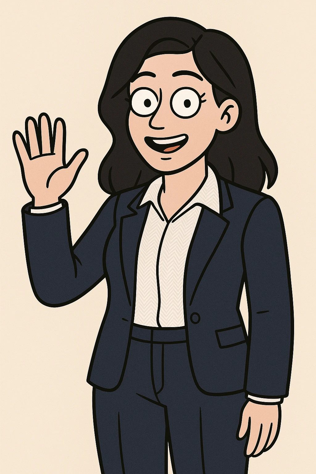 A woman black hair white Villeta Herringbone Shirt Navy Cannes Tailored Fit Jacket jackets Navy Rosalind High Waist Trouser a hand say hello emoji