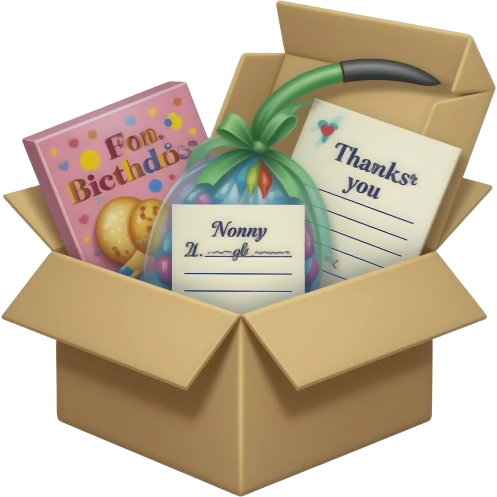 Packages in the box, get well cards for nonny’s chicken pox, birthday cards, and thank you notes emoji