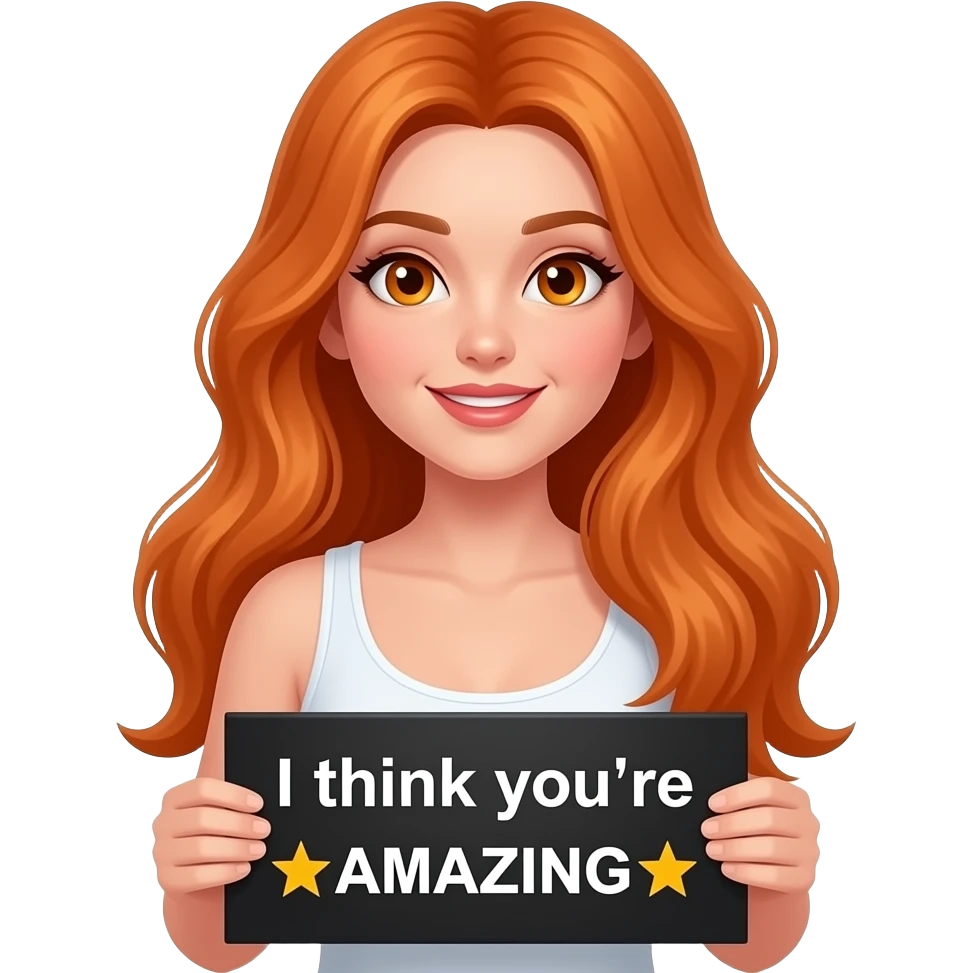 sexy girl with long ginger hair and ginger eyes wearing a white tanktop is holding a black sign with I think you're ☆AMAZING☆ written on it emoji