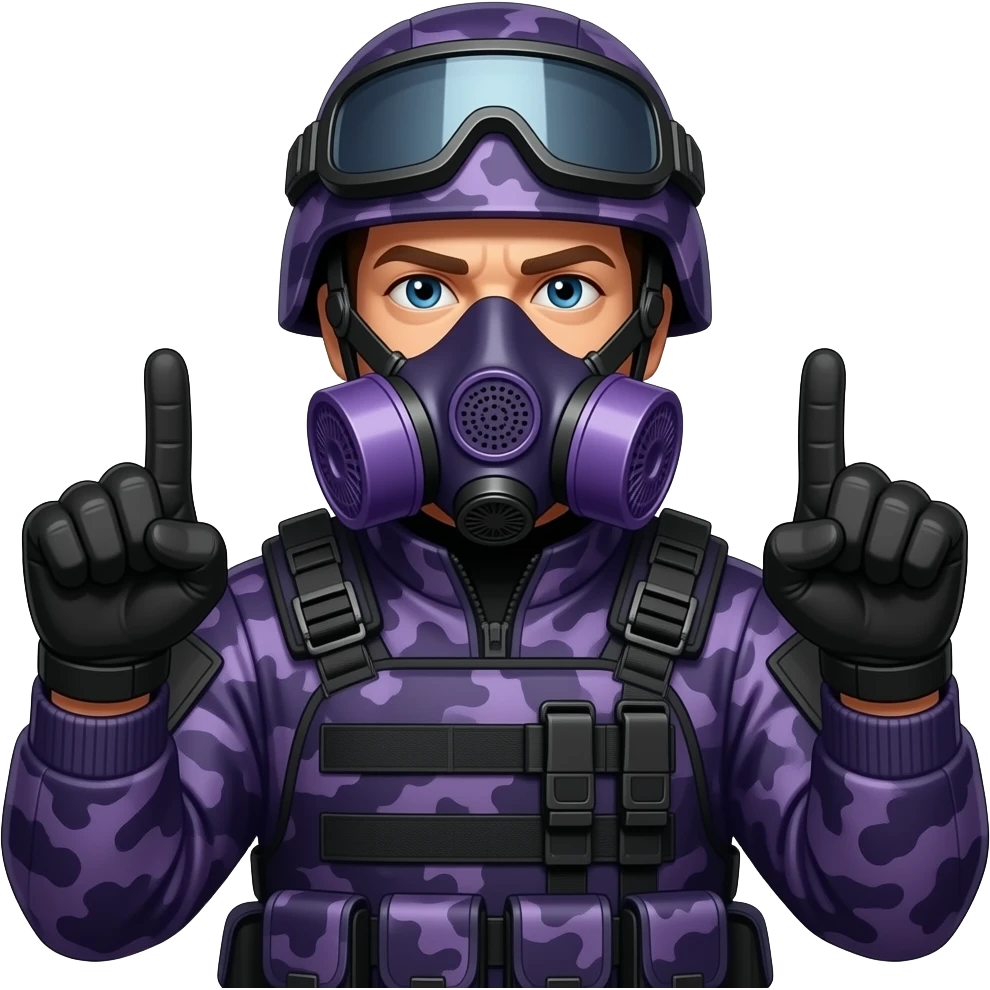 Man with two middle fingers in dark purple camoflage tactical gear helmet full face dark purple gasmask emoji