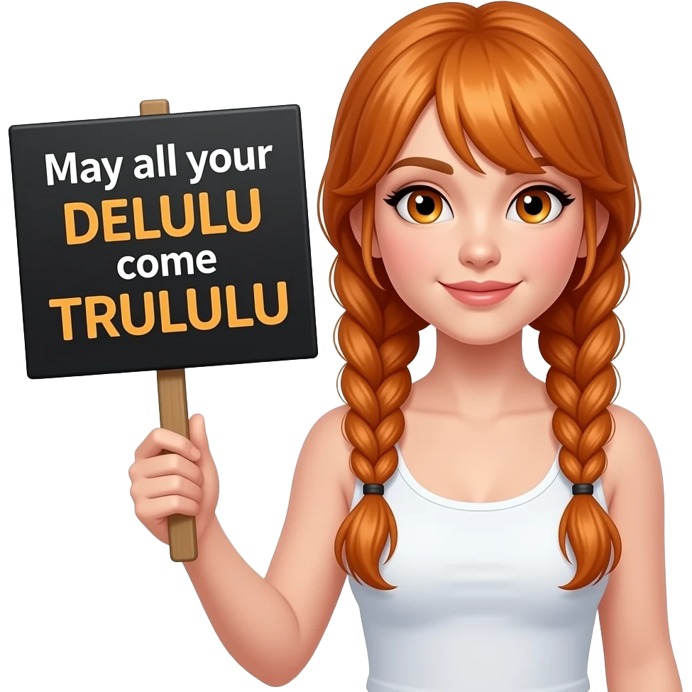 sexy girl with long ginger braids and ginger eyes wearing a white tanktop is holding a black sign with May all your DELULU come TRULULU written on it emoji
