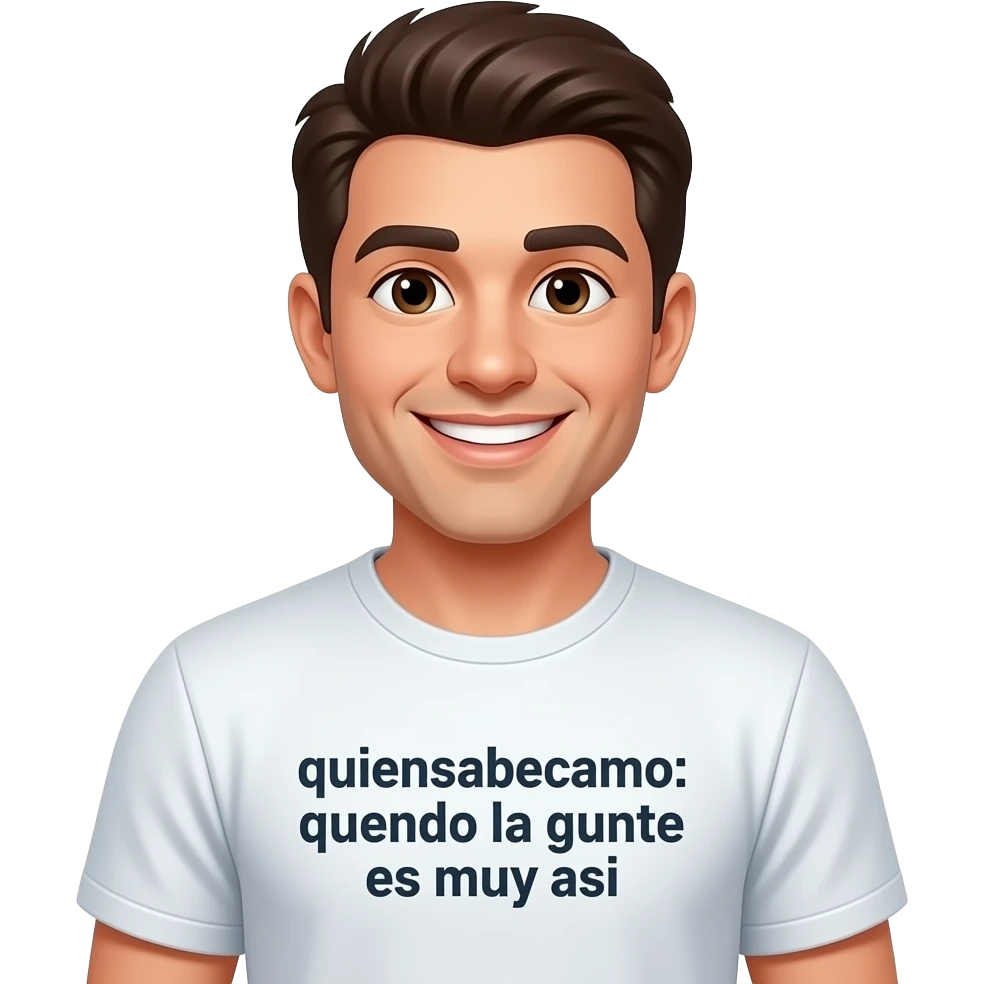 A happy man with a shirt that says ‘quiensabecomo: cuando la gente es muy asi’ emoji