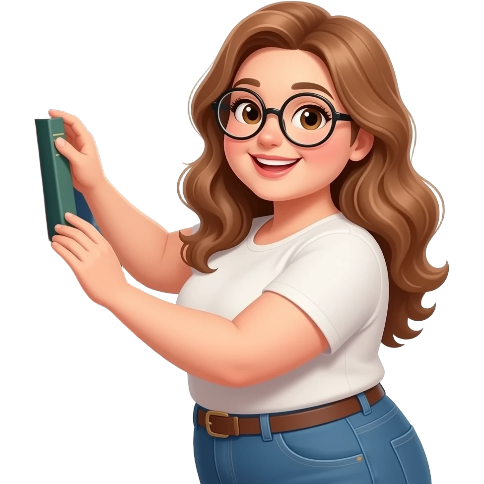 detailed emoji illustration of a curvy woman with long light brown wavy hair, light brown eyes and round glasses organizing books on a bookshelf, happy book lover vibe, cute emoji style emoji