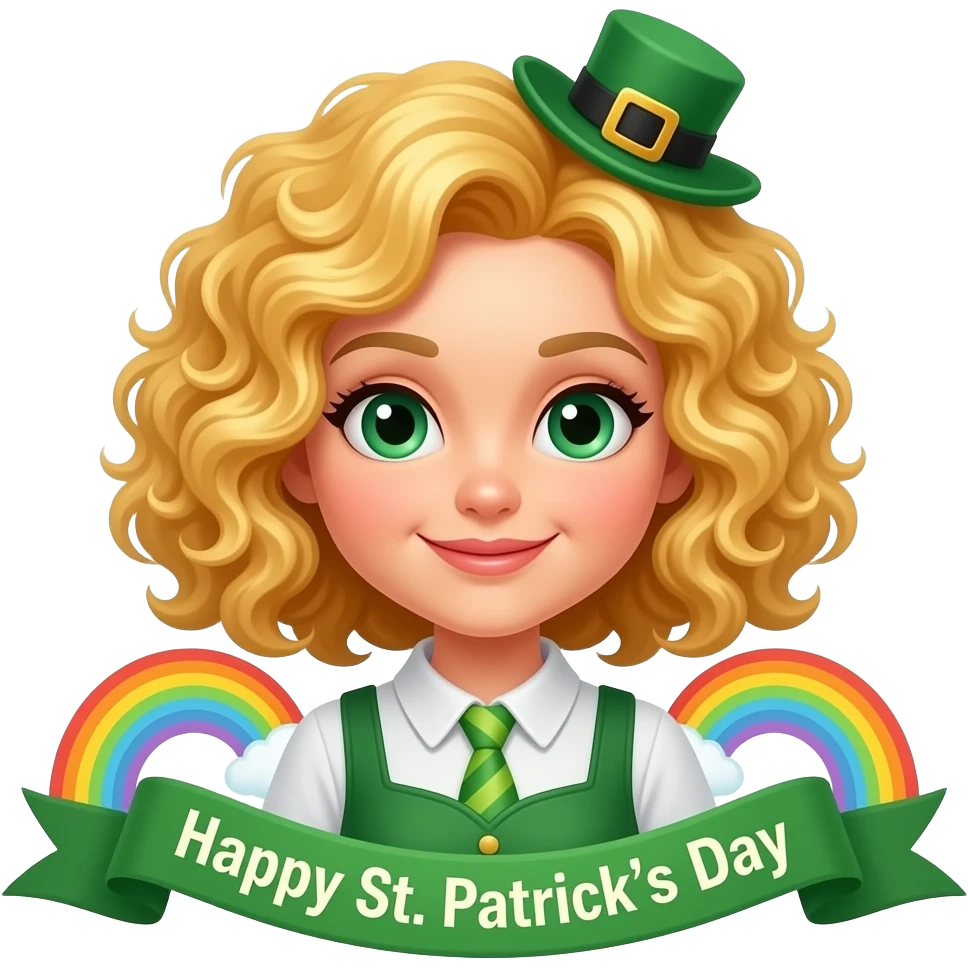 blonde tight curly hair in a short bob with Happy St. Patrick's day banner in an St. Patrick's outfit with rainbow and a pot of gold emoji