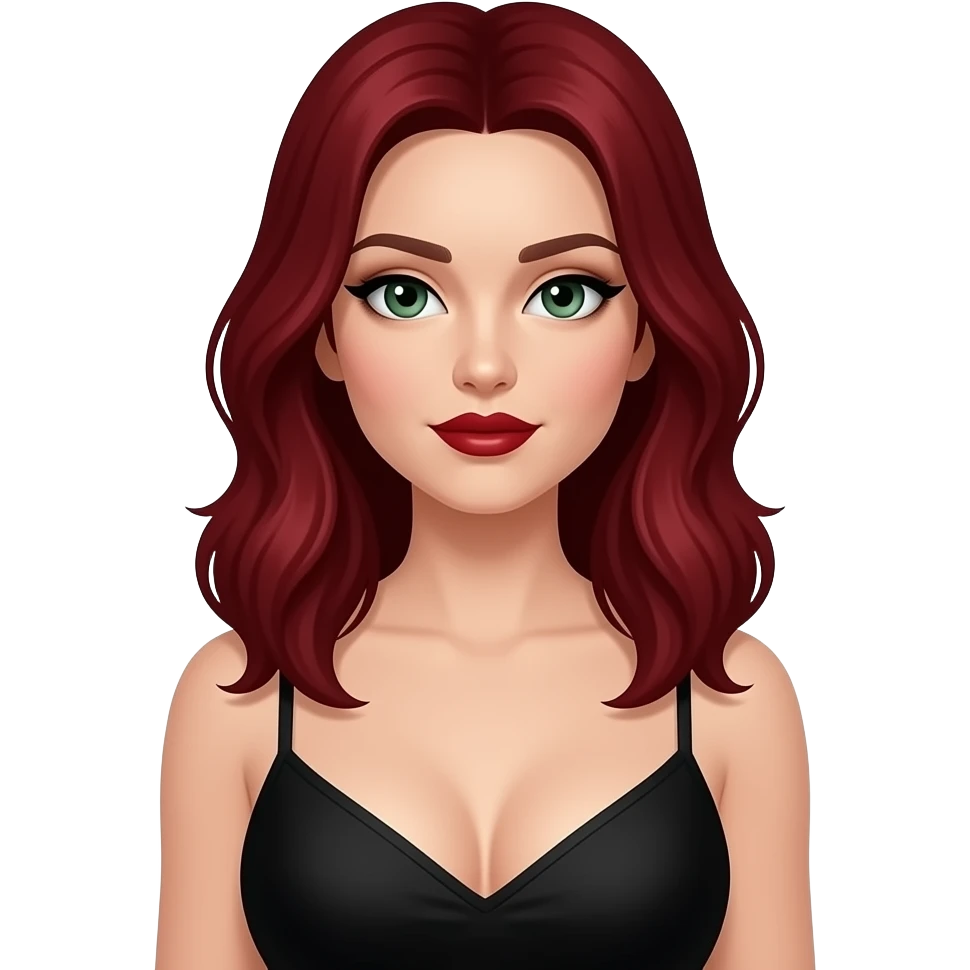 Weiblich, dunkelrote Haare, helle Hautfarbe, dunkelroter lippenstift, dunkelgrüne augen und ein schwarzes top und große oberweite emoji