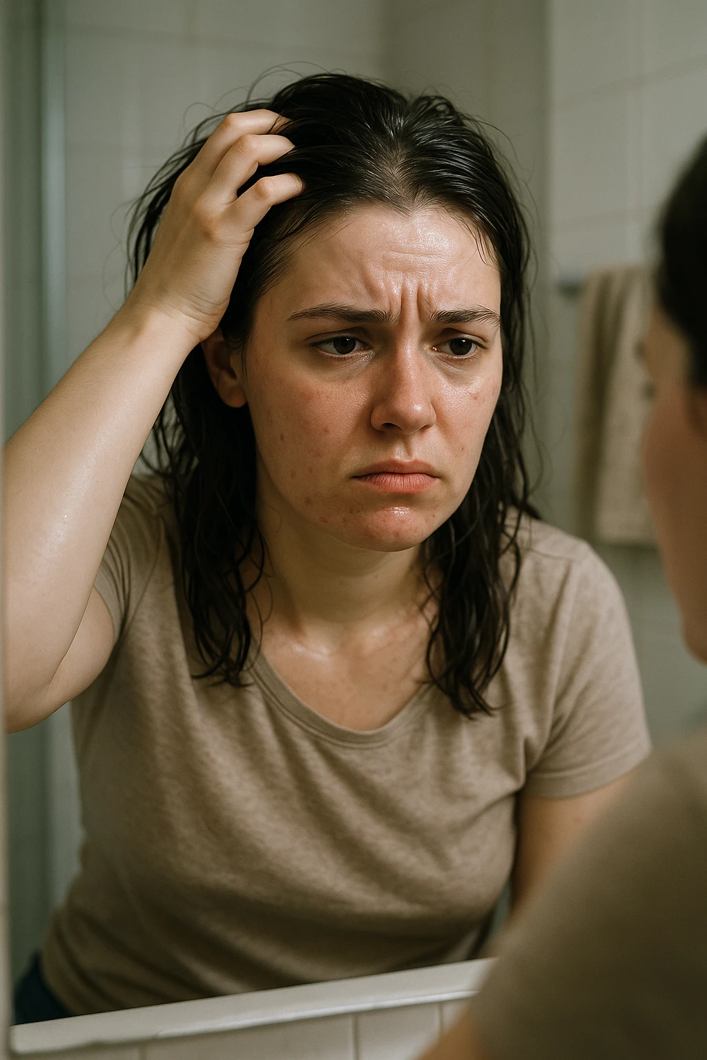 A realistic, cinematic portrait of a young woman in her late 20s sitting in front of a mirror, visibly frustrated. Her skin appears oily with a shiny forehead and cheeks, while her dark hair looks greasy and clumped, suggesting excessive sebum production. She lightly touches her scalp with concern while observing her reflection. Her expression is a mix of exhaustion and discomfort, emphasizing the emotional burden of these symptoms. The bathroom setting is softly lit with neutral daylight, reflecting a realistic environment. Subtle details such as small acne spots on the jawline and chin highlight androgen-related PCOS symptoms. Style: clean, detailed, 35mm realism with soft depth of field to keep focus on her expression and the greasy hair texture, while the background remains minimal to maintain emotional impact emoji
