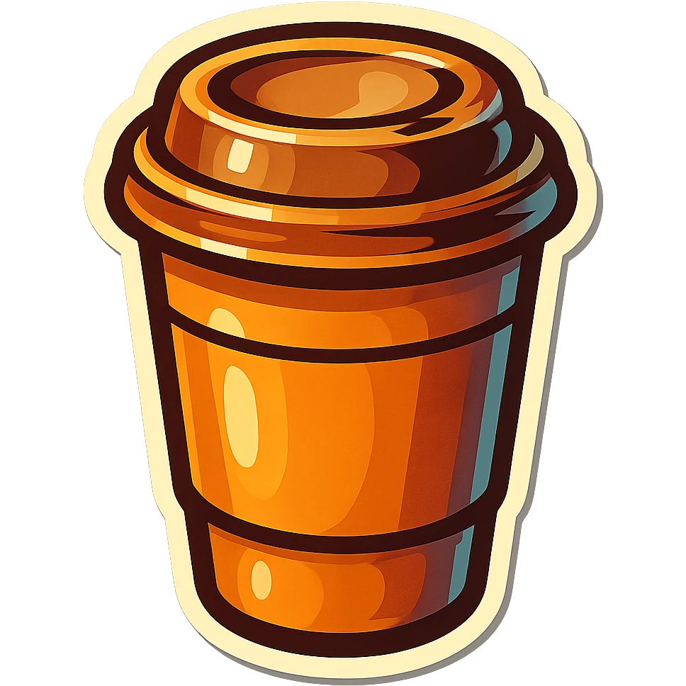 retro sticker-style illustration of a to-go coffee cup with a lid, bold outlines, juicy colors, expressive shadows and highlights, playful and glossy look, inviting and fun emoji