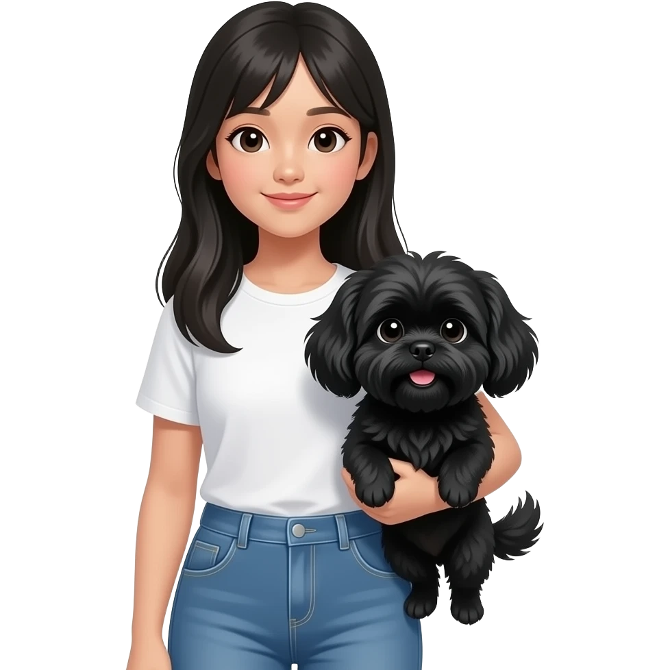 Black long hair no bang Indonesian teen holding a black shih tzu emoji
