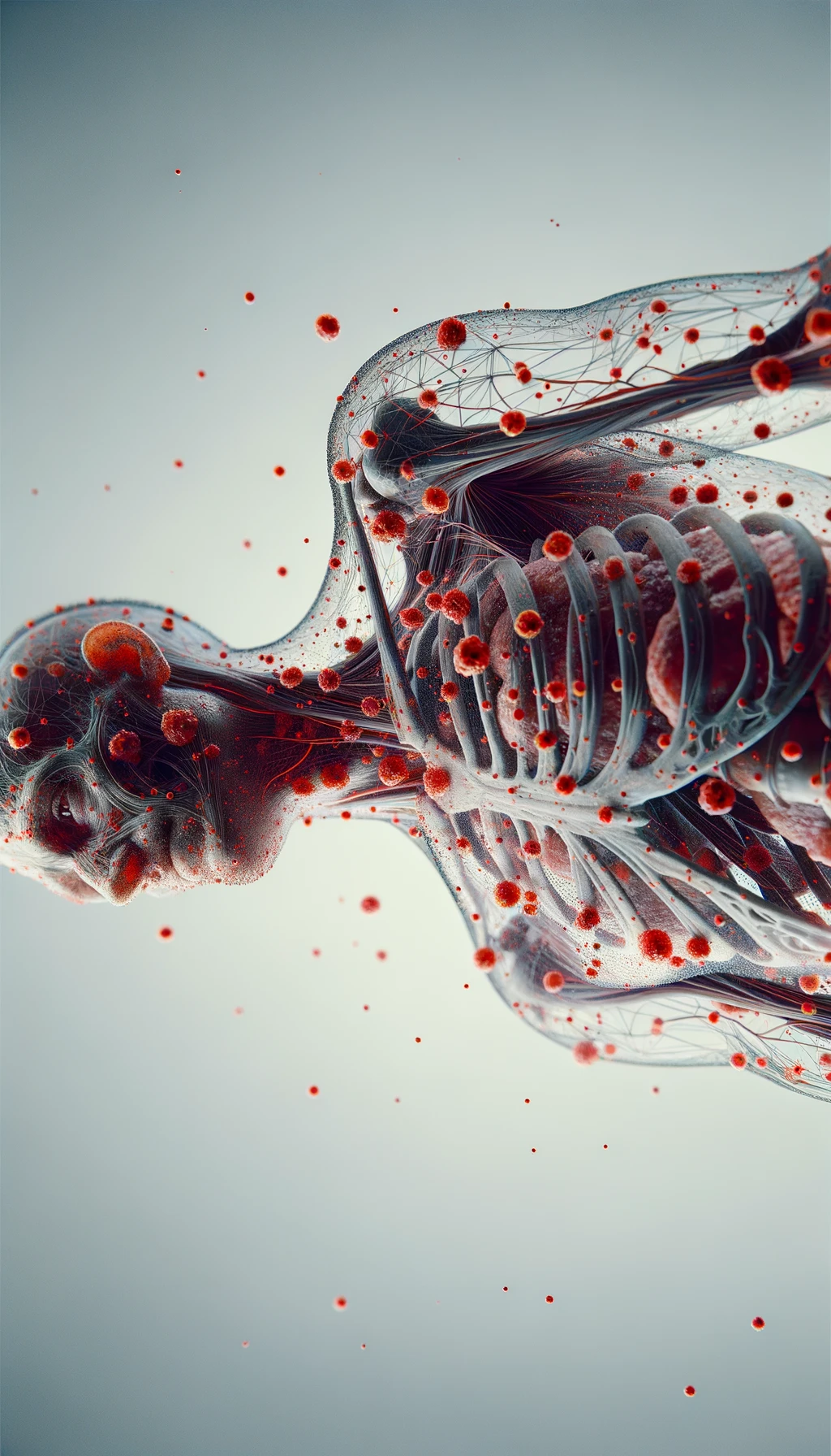 CORPO UMANO ANATOMICO CON RED SPOT DI INFIAMMAZIONE SPARSI SUL CORPO, SFONDO CHIARO, iperrealistico 4k emoji