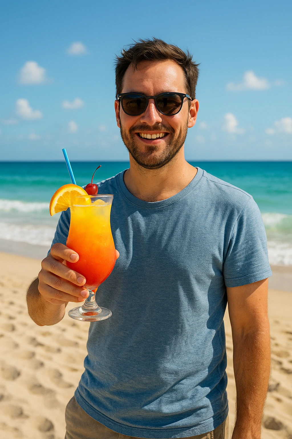 take this picture of a man and make it  beach photo with drink emoji