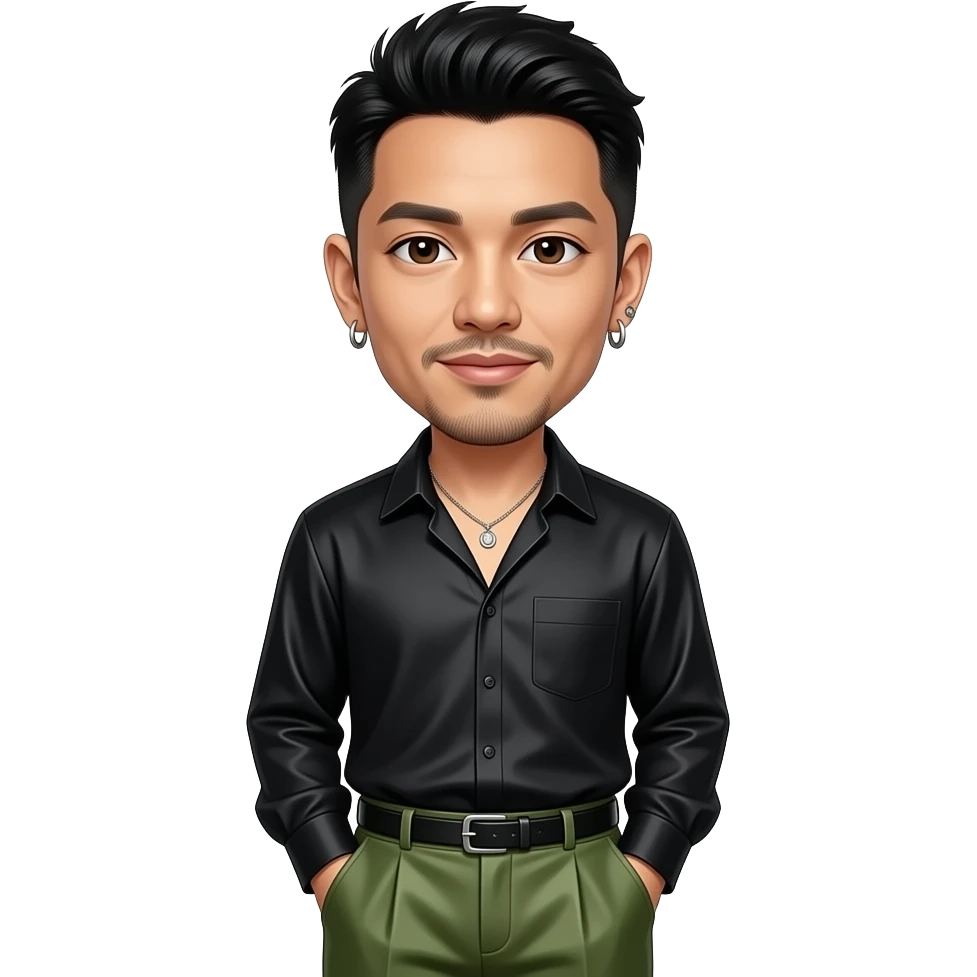 Mike Shinoda with brown eyes, black hair, black silk shirt, olive silk baggy pants, necklace and earrings emoji