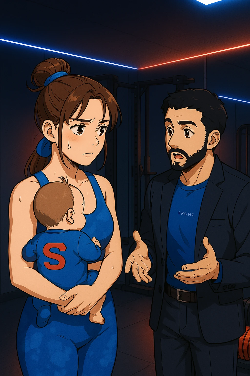 ispirati a questo stile di disegno e fai questa immagine in versione manga/webtoon a colori, il manga mostra la donna preoccupata con un neonato in braccio con una tutina azzurra e la scritta "S" sulla schiena, mentre ascolta l'uomo mentre l'uomo gli sta spiegando una cosa, ma non fare i fumetti, fai come se stessero parlando emoji