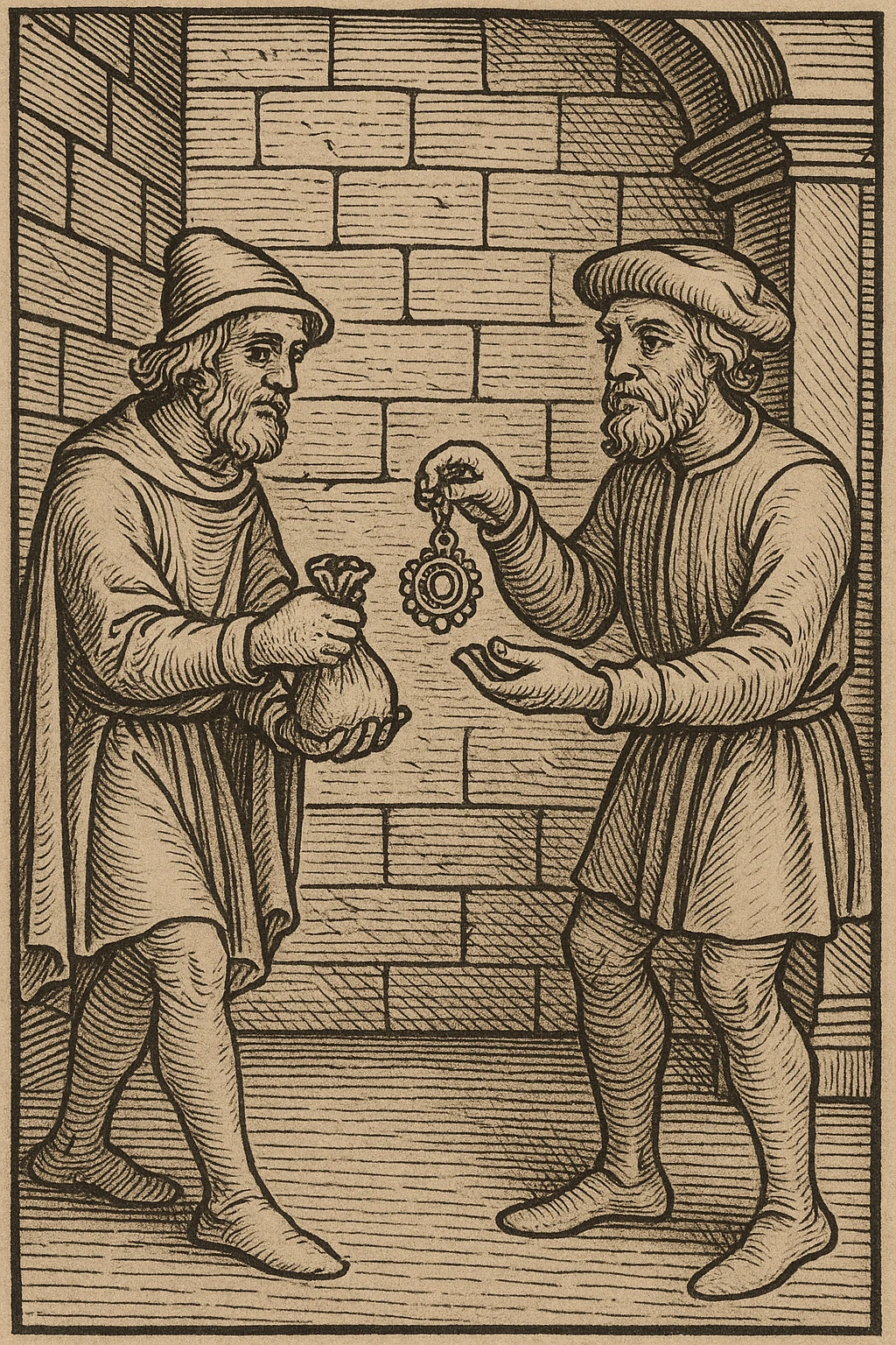 Сгенерируй мне гравюру, как в средневековье один мужчина дает другому мешочек, а другой украшение другому, они торгуют emoji