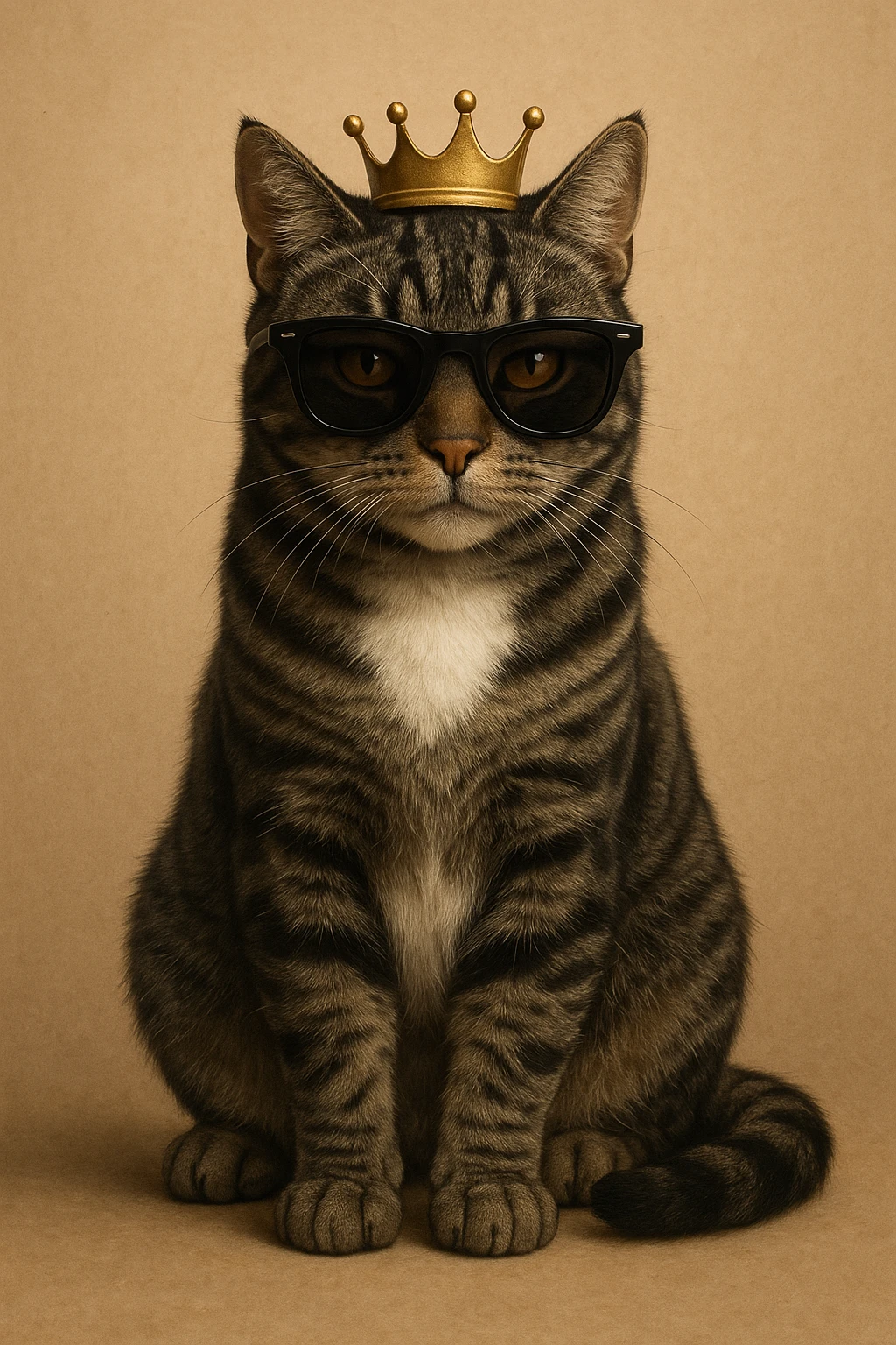 photo-realistic digital illustration of a Mackerel tabby cat with dark grey fur, narrow black stripes, amber eyes, and a distinct white patch on its chest. The cat is sitting naturally and calmly, facing slightly forward. A small golden crown rests on its head, and it is wearing black sunglasses. The cat appears lifelike, highly detailed, and realistic. emoji