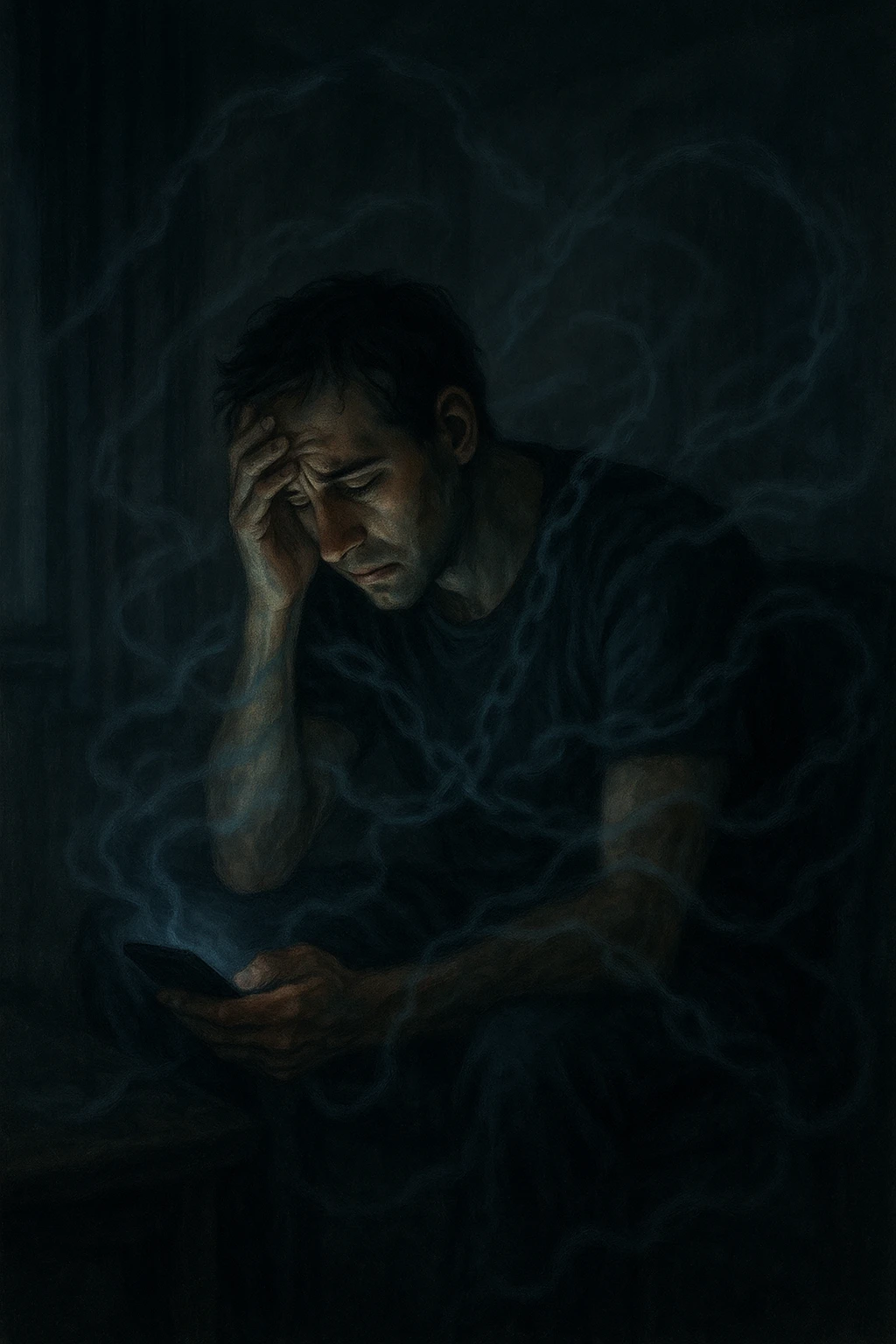 a man sits alone in a dimly lit room at night, illuminated only by the glow of a computer or phone screen. His posture is slouched, and his expression is tired and troubled. Around him, faint, ghostly chains or shadows subtly wrap around his body, symbolizing addiction and emotional distress. The background is blurred, emphasizing isolation and discomfort. in italiano emoji