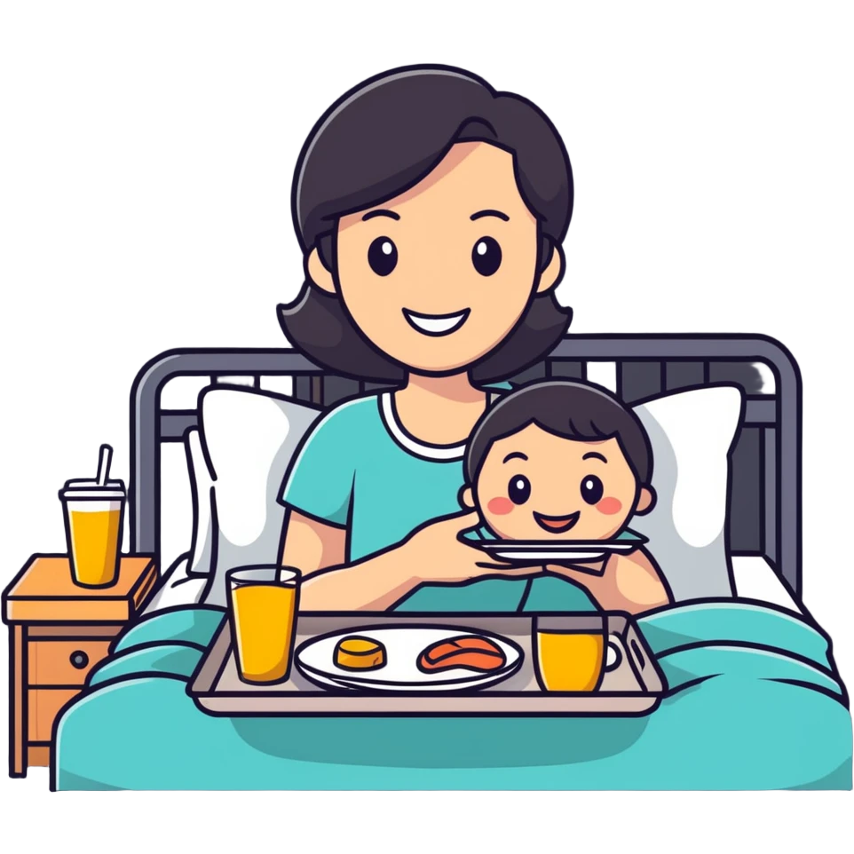 Mother's Day sticker, breakfast in bed for mom, playful, cartoon style emoji