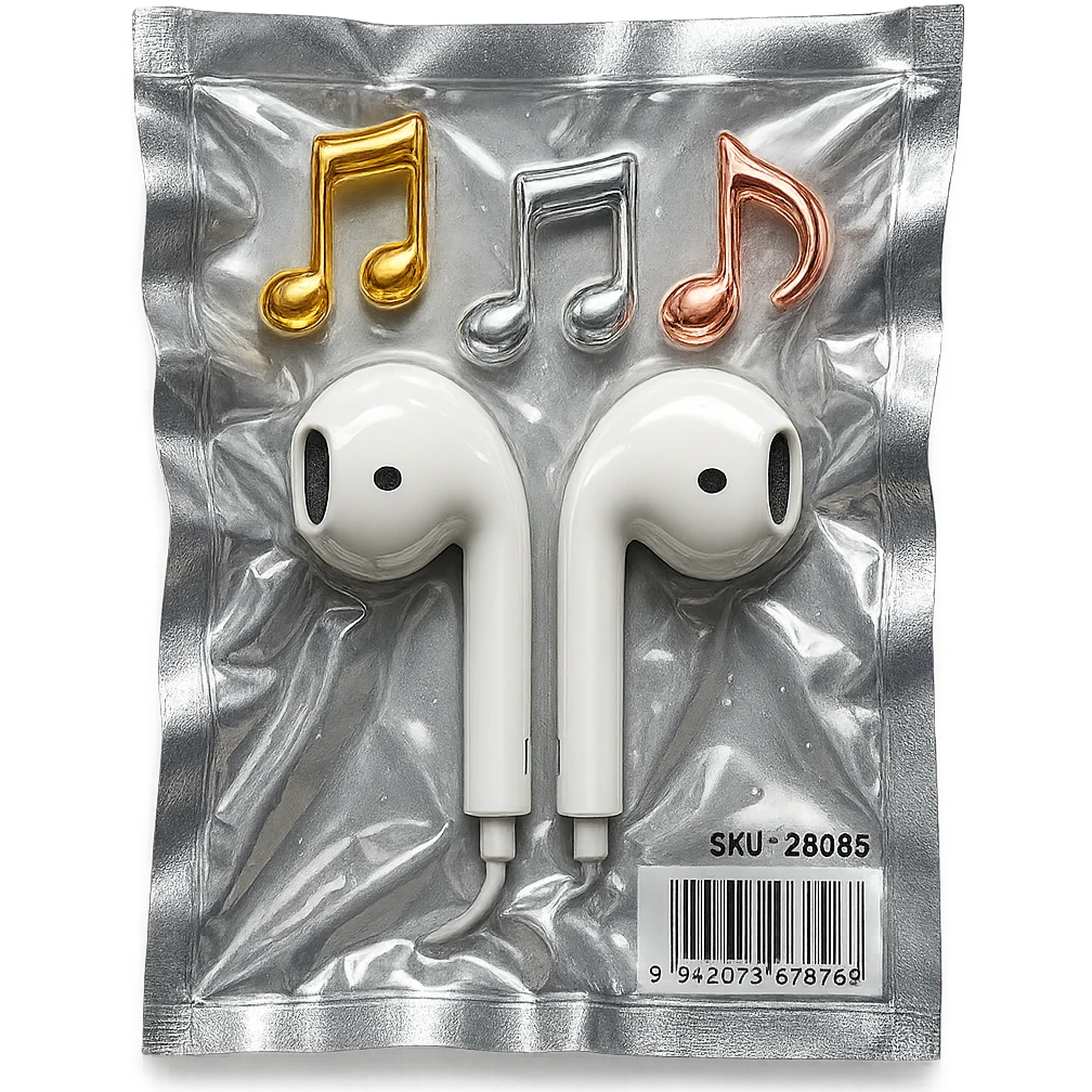 pair of white EarPods with three floating glass music notes in gold, silver, and rose gold, shiny and puffy emoji