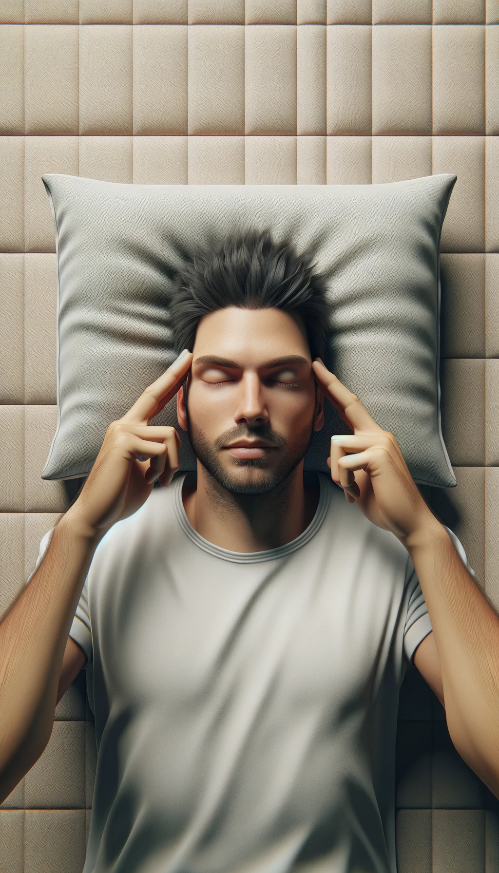 uomo steso sul materasso visto dall'alto che si concentra con gli occhi chiusi e le mani sulle tempie, SFONDO CHIARO NEUTRO, colori realistici, iperrealistico 4k emoji