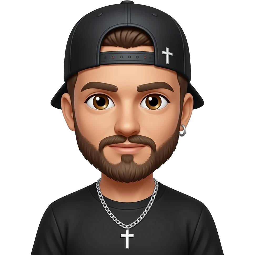 Brown eyes, rock-style cap with metallic clips on the cap visor , rock cross on the cap , black teeshirt, saying hi, no tattoo , no chain, short hair , brown beard, no withstand emoji