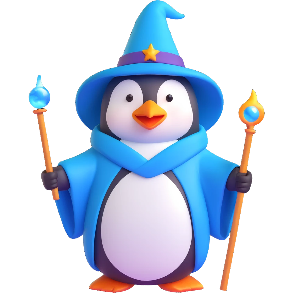 3D cartoon penguin wizard with magical aura, staff, blue robe emoji