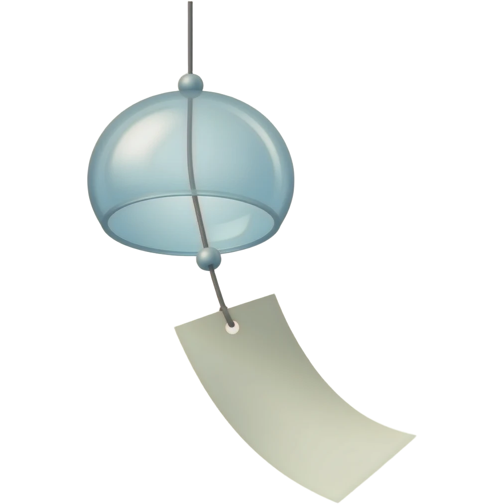 A delicate Japanese furin wind chime hangs gently in the air, suspended by a thin string. It features a single piece of paper attached below, swaying softly with every breeze. The subtle movement creates a sense of calm and quiet elegance, capturing the essence of minimalism and serenity. emoji