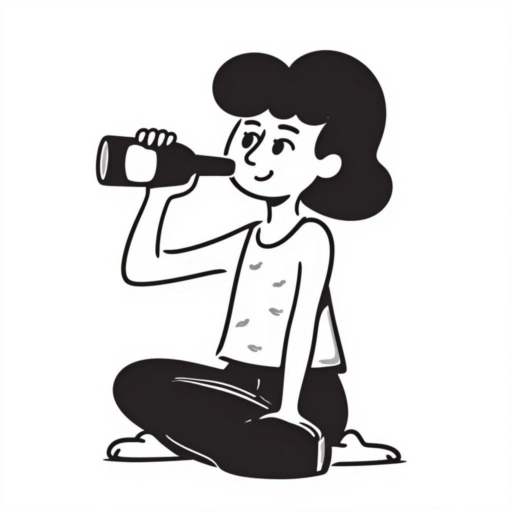 black haired girl drinking beer, hand drawn doodle style emoji