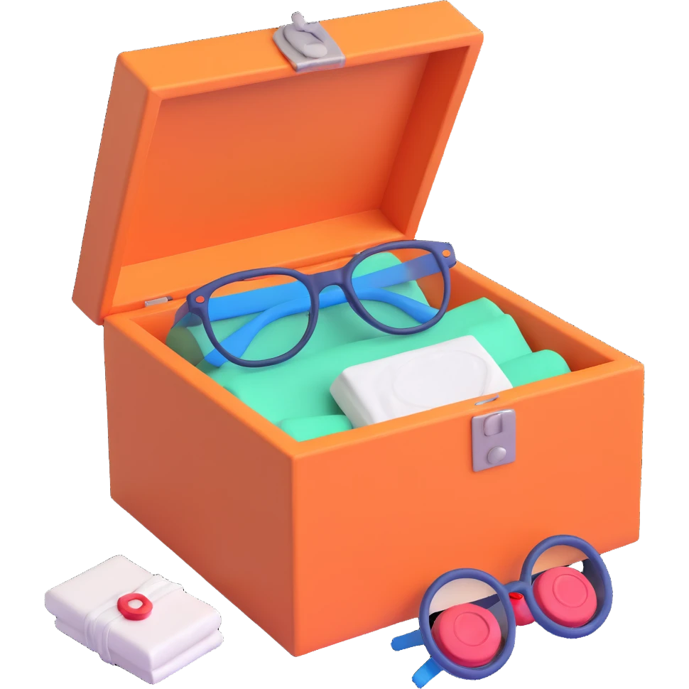 An open box containing a protective amulet from mom, a vinyl record from a friend, bandages, and glasses emoji