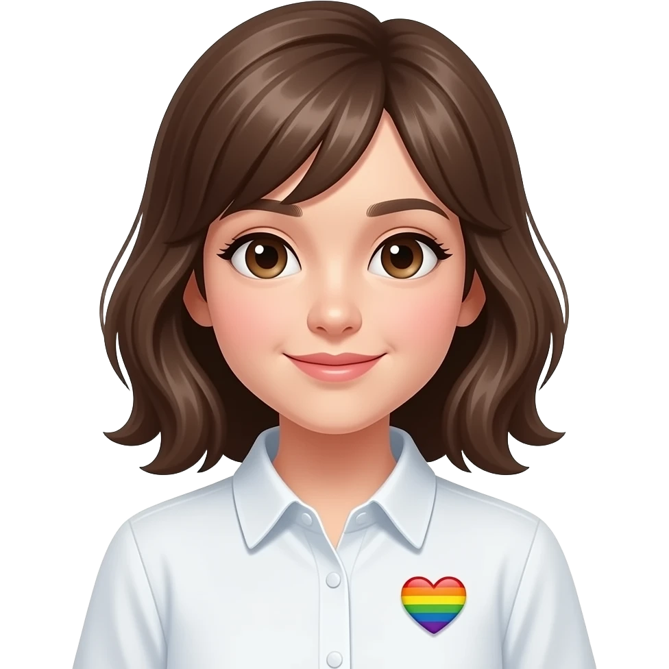 Create a girl with shoulder lenght hair with a white shirt and on the right side a rainbow heart pin emoji