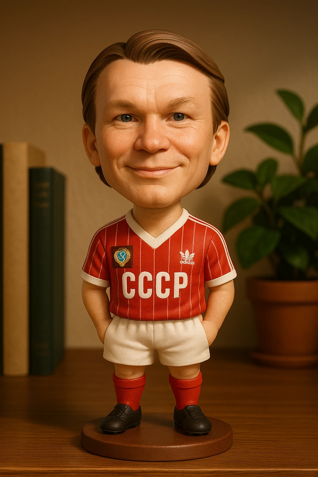 Олег Блохин в форме сборной СССР 1975 года смотрит на прямо на зрителя и слегка улыбается, освещение с левой верхней стороны кадра emoji
