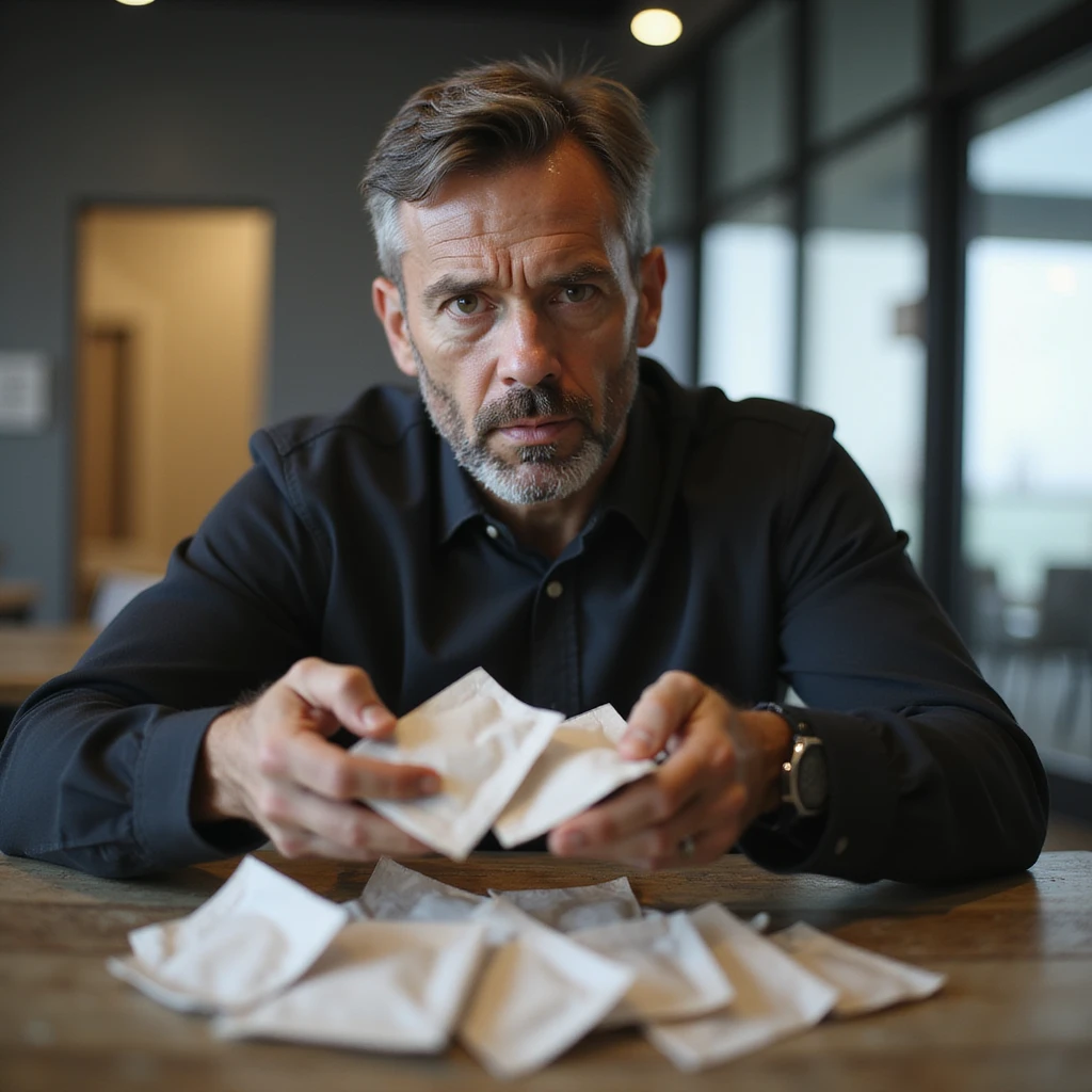 realistic health-conscious man in a wellness center, decisively discarding sugar packets, firm expression, dark aura around sugar packets, modern and bright environment, symbolism of rejecting harmful habits, 4K quality emoji